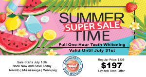 Bright summer sale banner advertising a full one-hour teeth whitening offer with tropical fruits and bold text